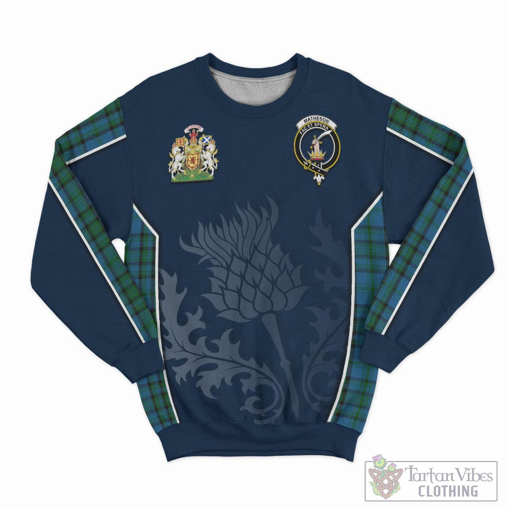 Tartan Vibes Clothing Matheson Hunting Tartan Sweatshirt with Family Crest and Scottish Thistle Vibes Sport Style