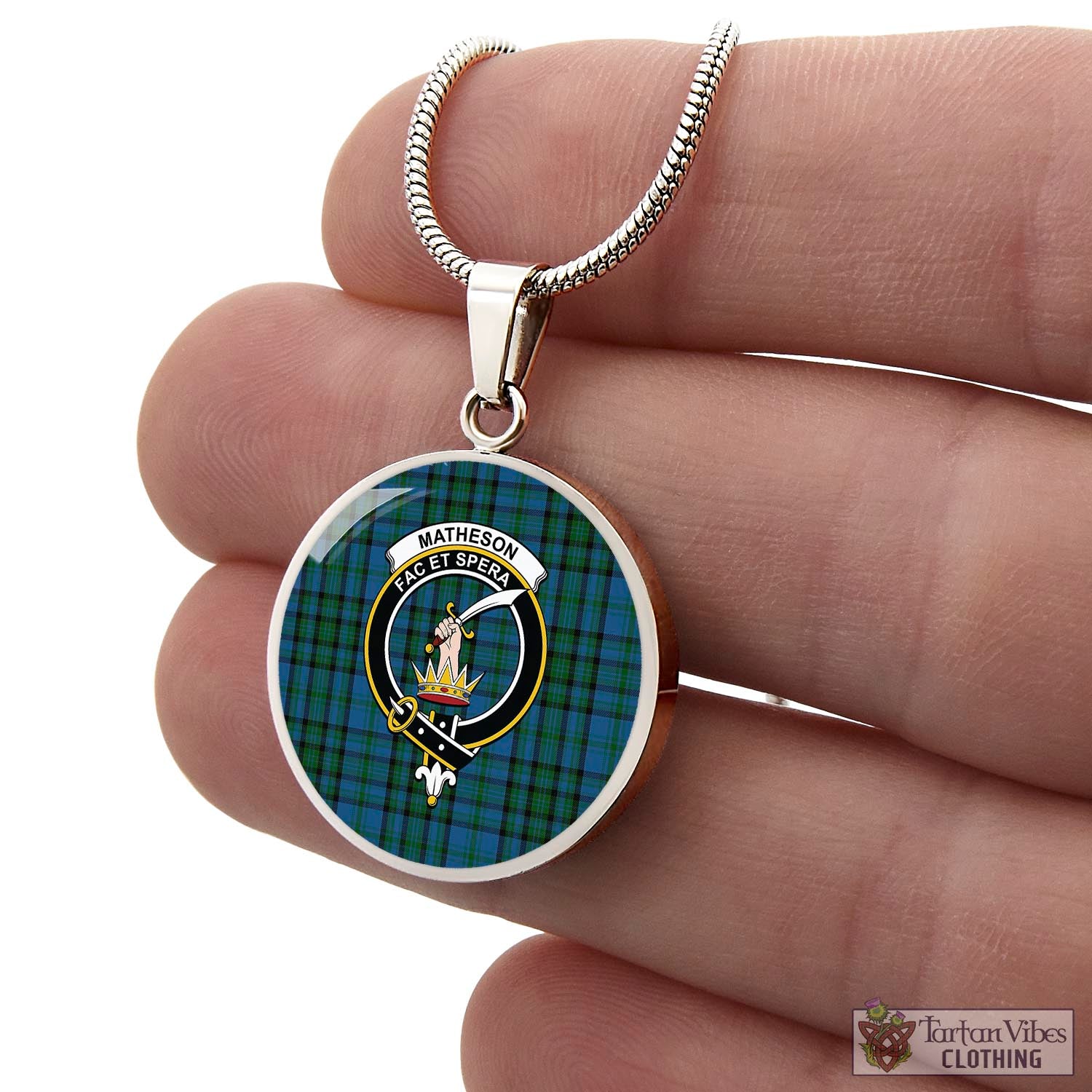 Tartan Vibes Clothing Matheson Hunting Tartan Circle Necklace with Family Crest