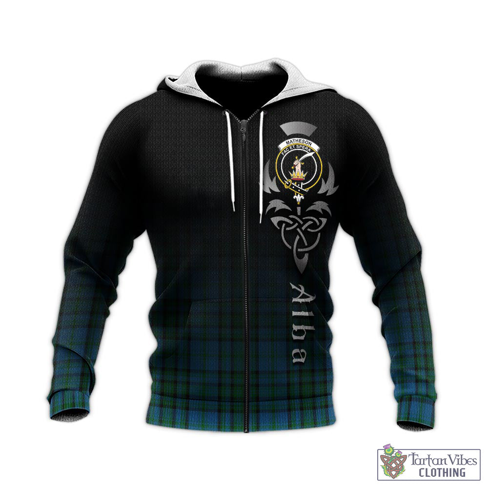 Tartan Vibes Clothing Matheson Hunting Tartan Knitted Hoodie Featuring Alba Gu Brath Family Crest Celtic Inspired