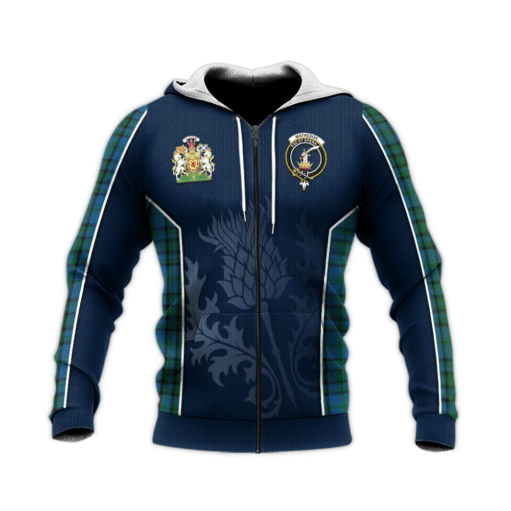 Tartan Vibes Clothing Matheson Hunting Tartan Knitted Hoodie with Family Crest and Scottish Thistle Vibes Sport Style