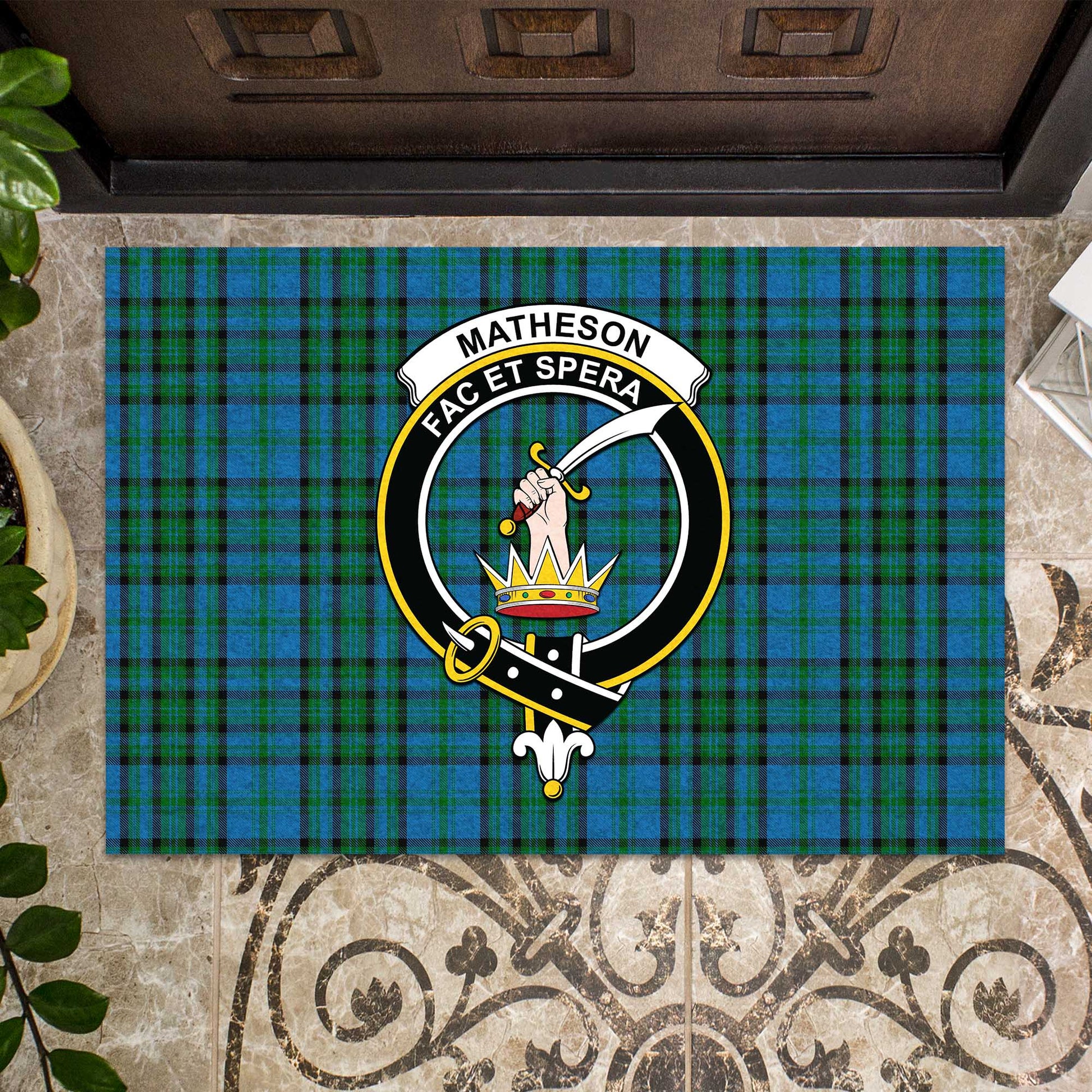 Matheson Hunting Tartan Door Mat with Family Crest - Tartanvibesclothing