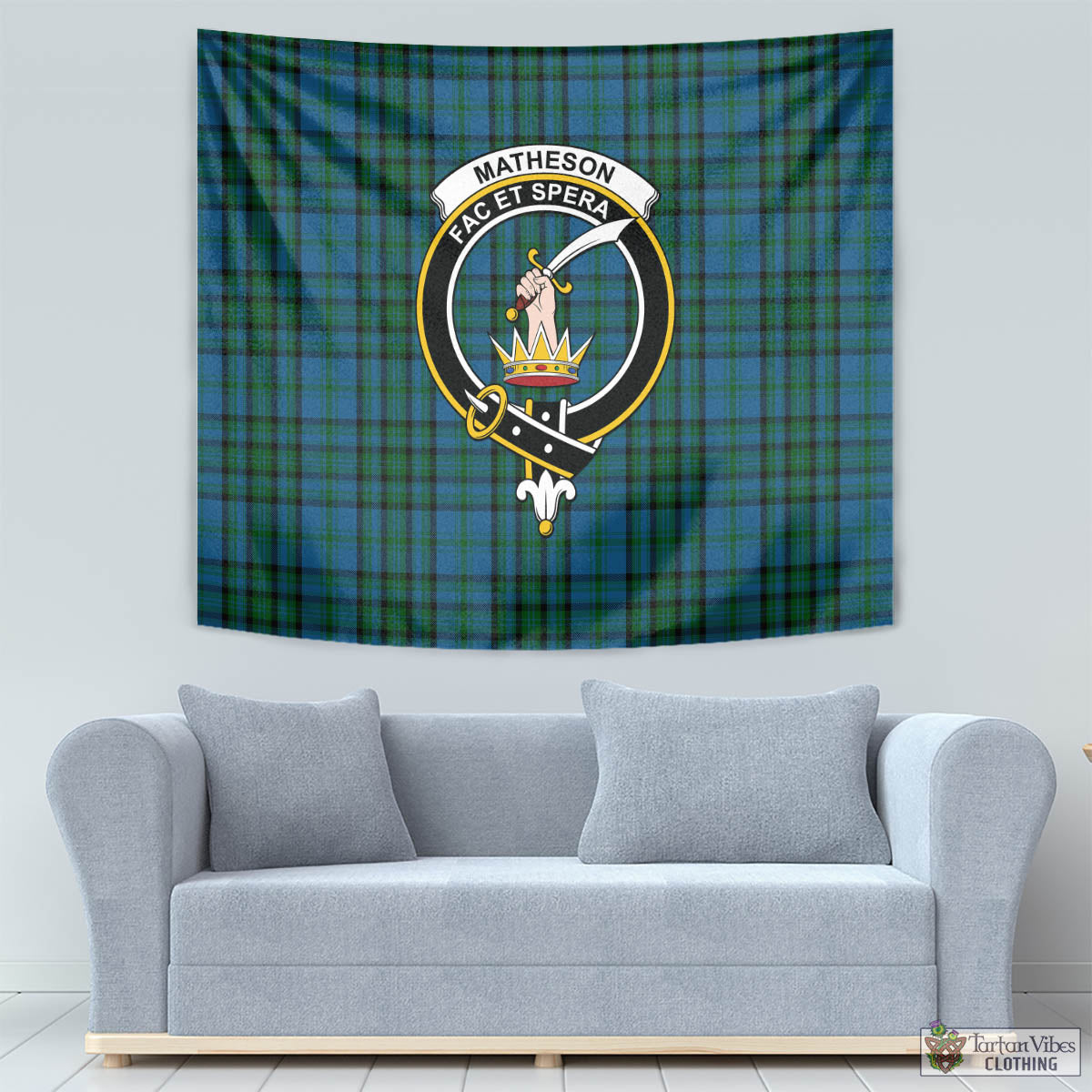 Tartan Vibes Clothing Matheson Hunting Tartan Tapestry Wall Hanging and Home Decor for Room with Family Crest