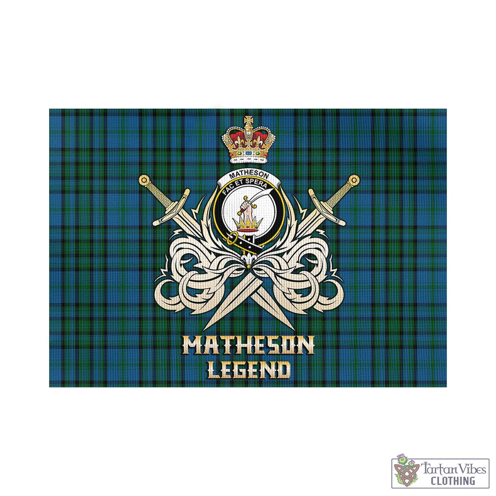 Tartan Vibes Clothing Matheson Hunting Tartan Flag with Clan Crest and the Golden Sword of Courageous Legacy