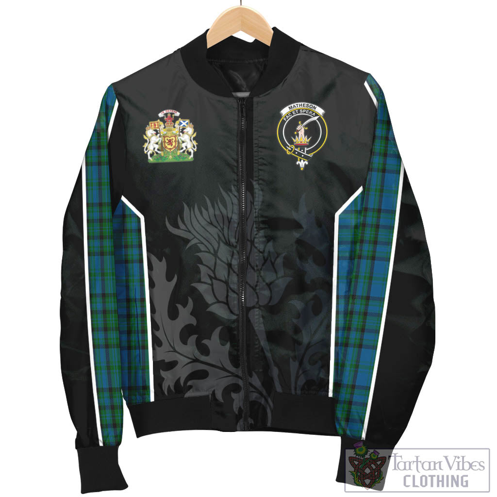 Tartan Vibes Clothing Matheson Hunting Tartan Bomber Jacket with Family Crest and Scottish Thistle Vibes Sport Style