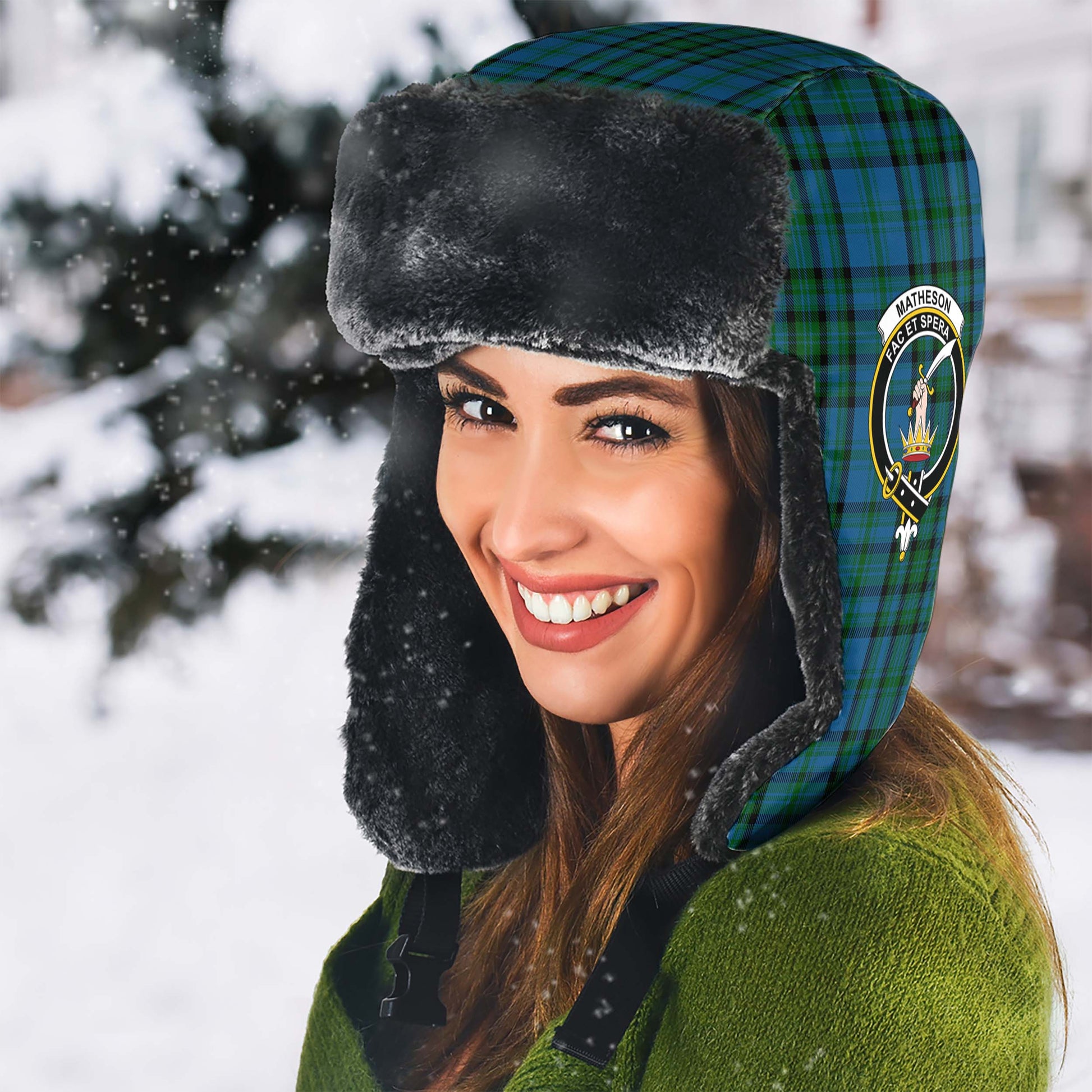 Matheson Hunting Tartan Winter Trapper Hat with Family Crest - Tartanvibesclothing
