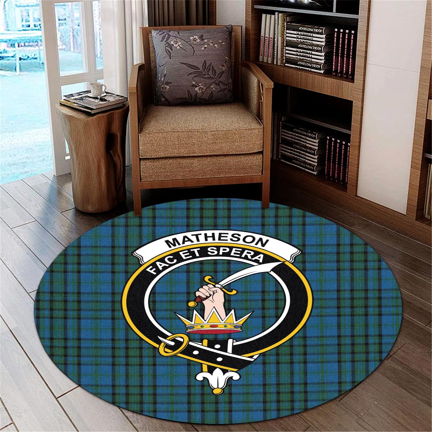 matheson-hunting-tartan-round-rug-with-family-crest