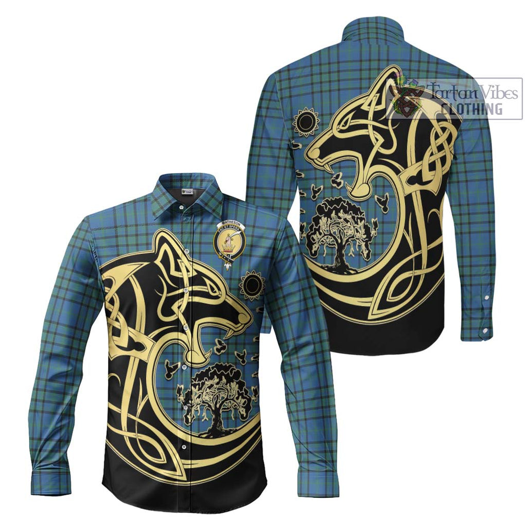 Matheson Hunting Ancient Tartan Long Sleeve Button Shirt with Family Crest Celtic Wolf Style Men's Shirt S - Tartan Vibes Clothing