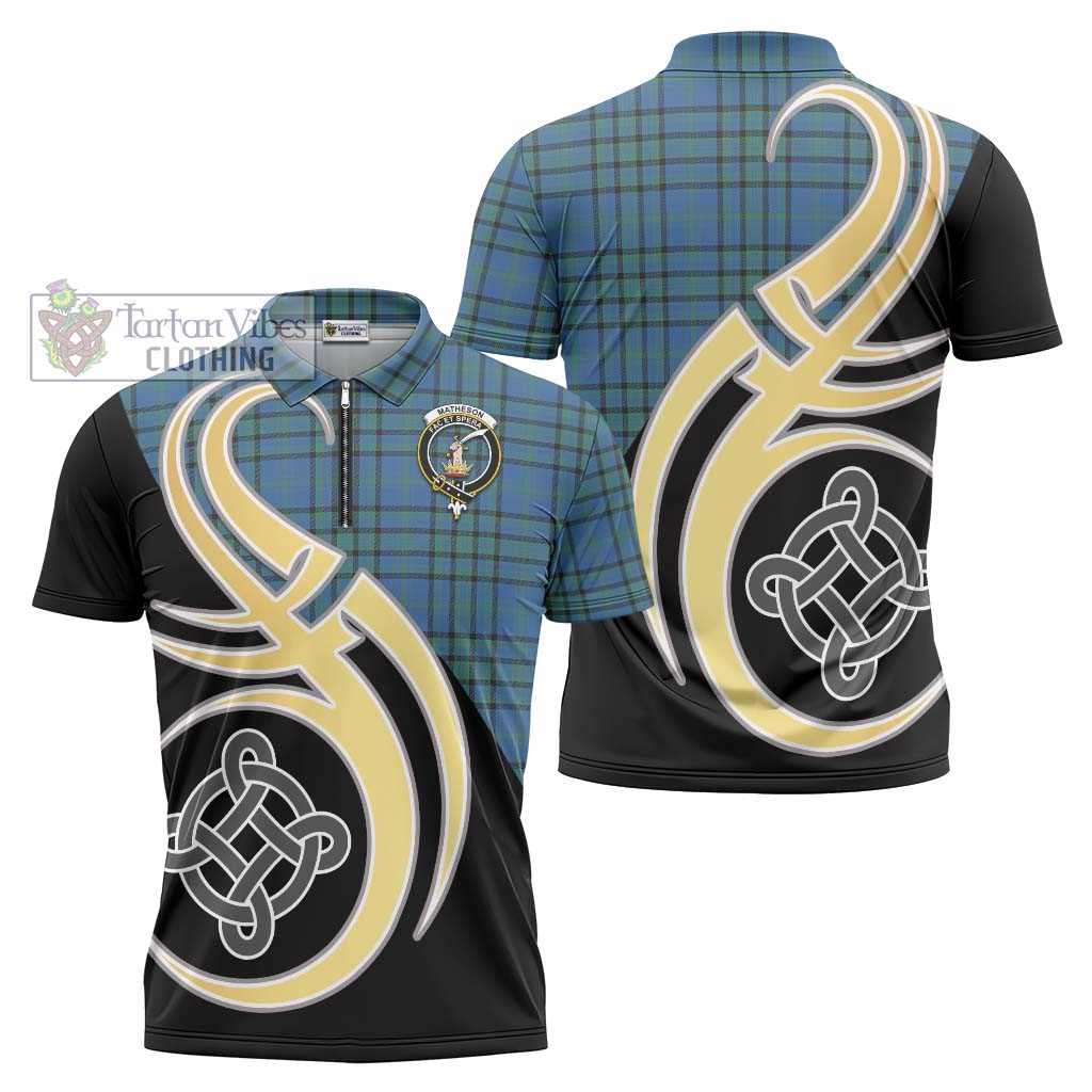 Tartan Vibes Clothing Matheson Hunting Ancient Tartan Zipper Polo Shirt with Family Crest and Celtic Symbol Style