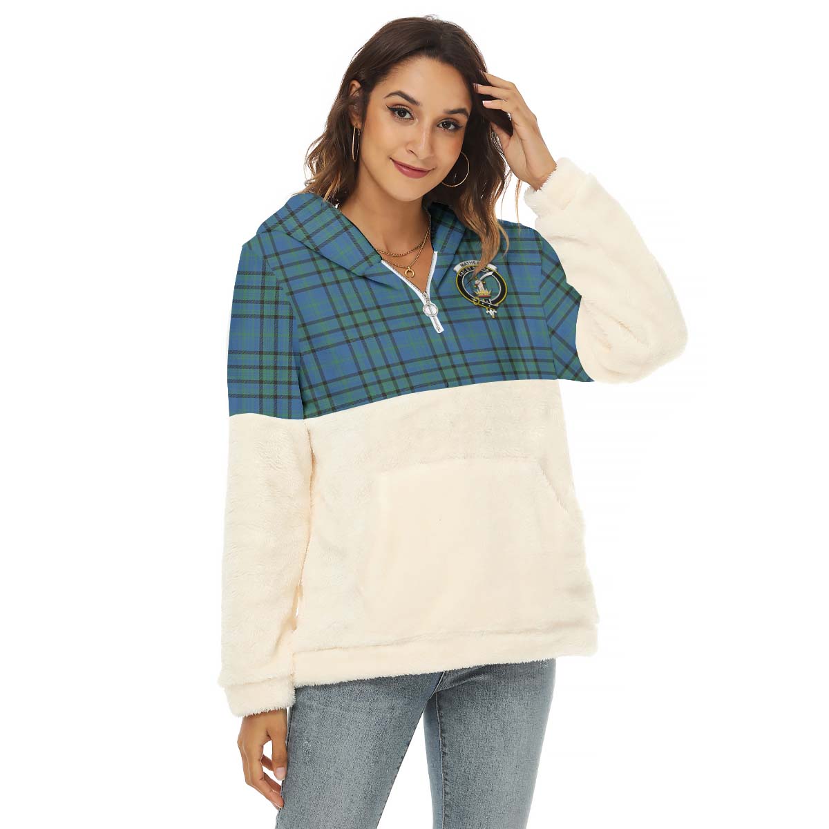 Matheson Hunting Ancient Tartan Women's Borg Fleece Hoodie With Half Zip with Family Crest Female - Tartan Vibes Clothing