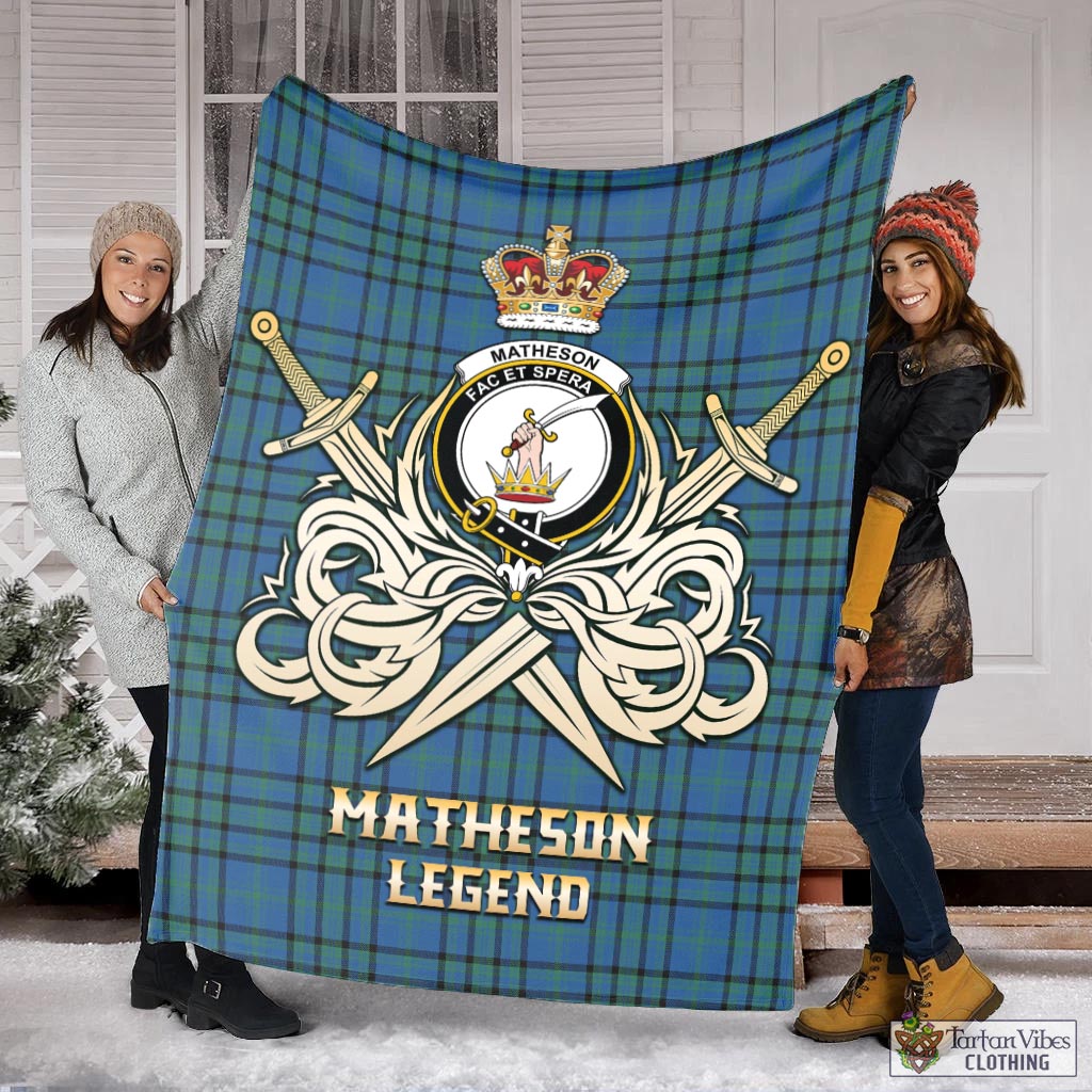 Tartan Vibes Clothing Matheson Hunting Ancient Tartan Blanket with Clan Crest and the Golden Sword of Courageous Legacy