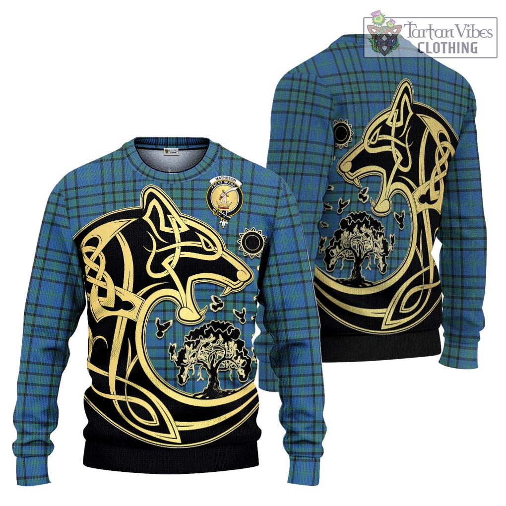 Matheson Hunting Ancient Tartan Knitted Sweater with Family Crest Celtic Wolf Style Unisex - Tartan Vibes Clothing