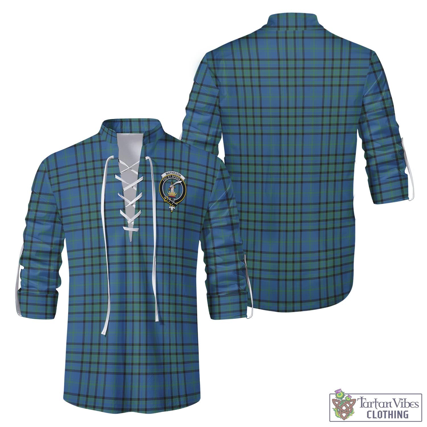 Tartan Vibes Clothing Matheson Hunting Ancient Tartan Men's Scottish Traditional Jacobite Ghillie Kilt Shirt with Family Crest