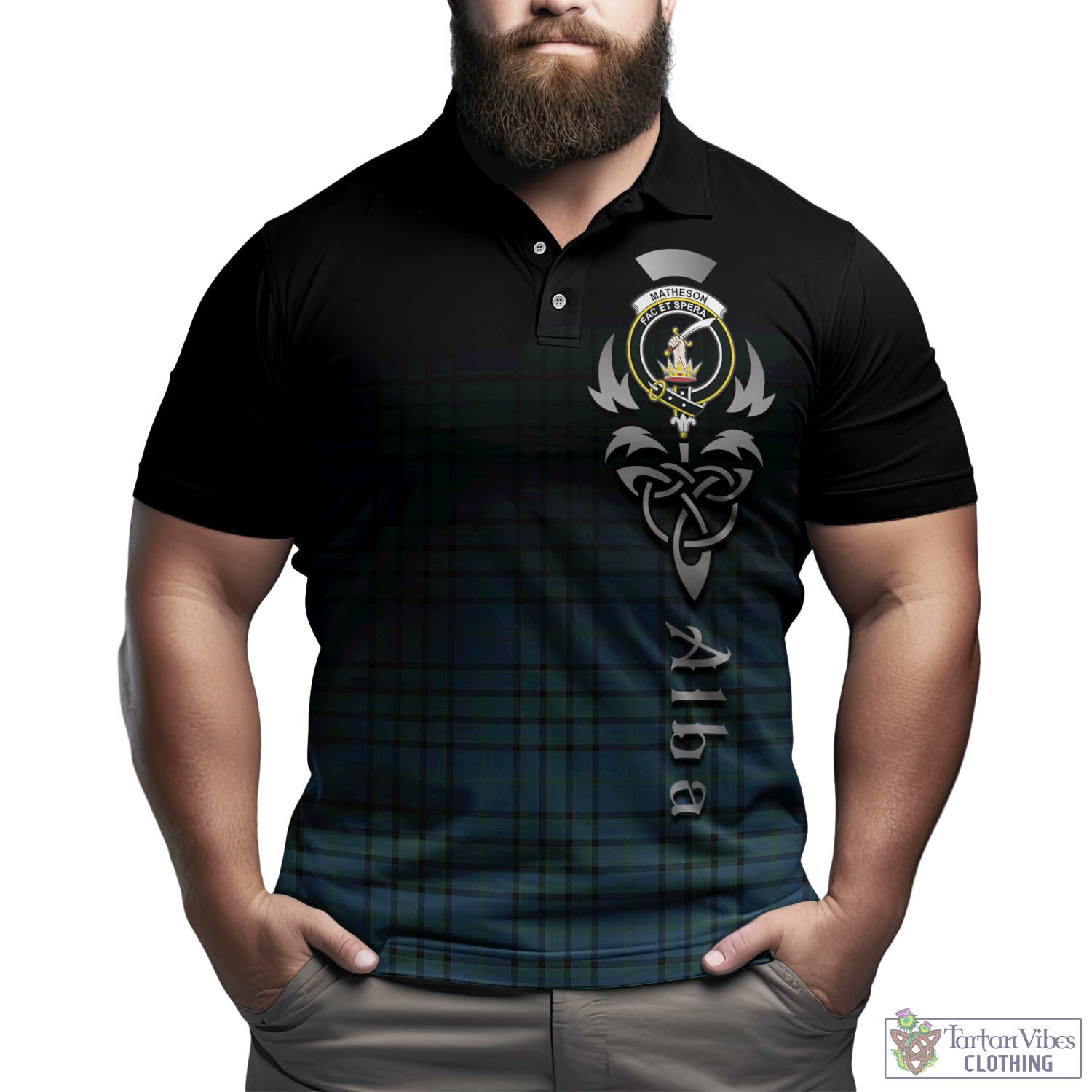 Tartan Vibes Clothing Matheson Hunting Ancient Tartan Polo Shirt Featuring Alba Gu Brath Family Crest Celtic Inspired