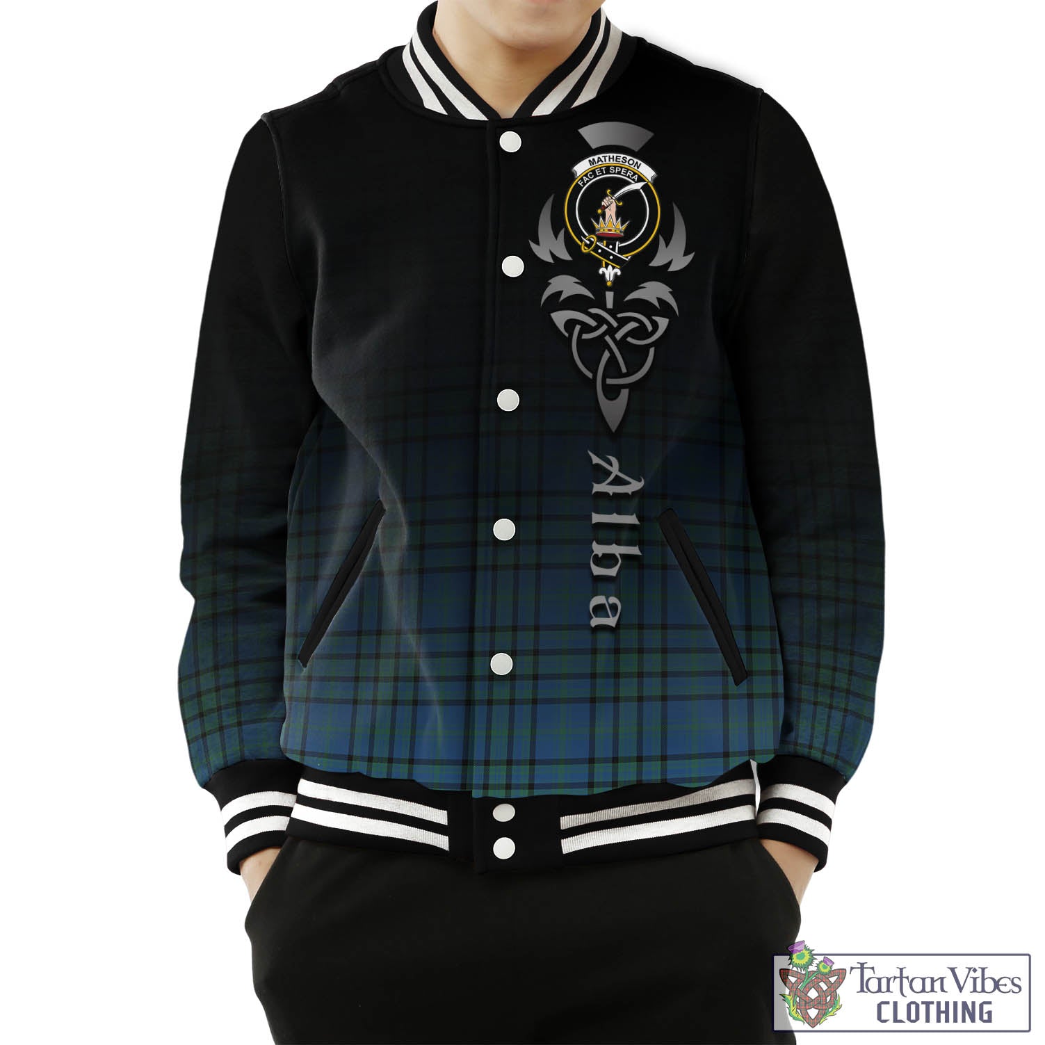 Tartan Vibes Clothing Matheson Hunting Ancient Tartan Baseball Jacket Featuring Alba Gu Brath Family Crest Celtic Inspired