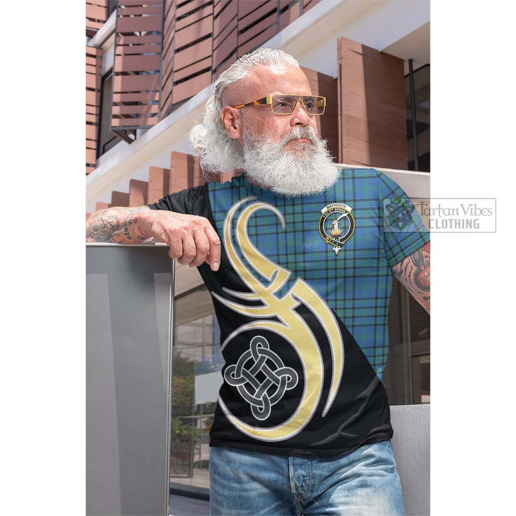 Tartan Vibes Clothing Matheson Hunting Ancient Tartan Cotton T-shirt with Family Crest and Celtic Symbol Style