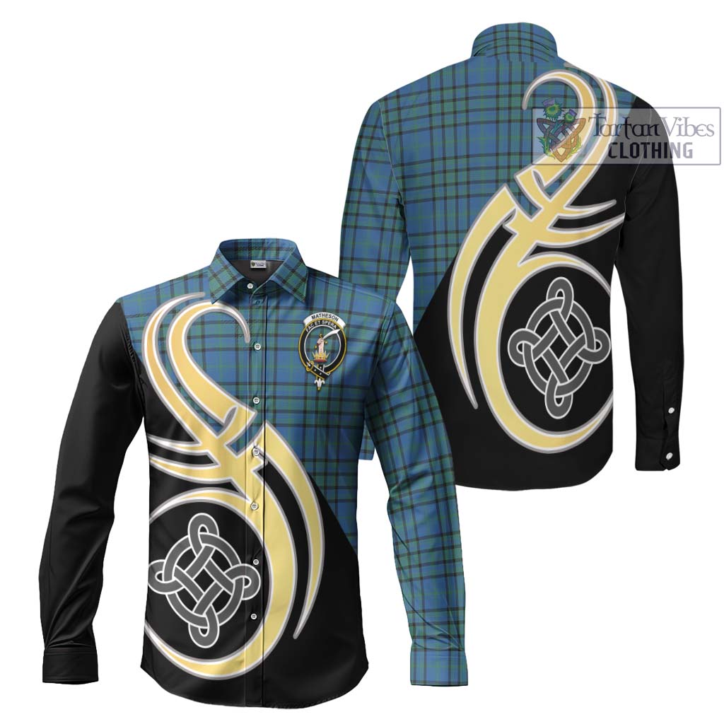 Tartan Vibes Clothing Matheson Hunting Ancient Tartan Long Sleeve Button Shirt with Family Crest and Celtic Symbol Style