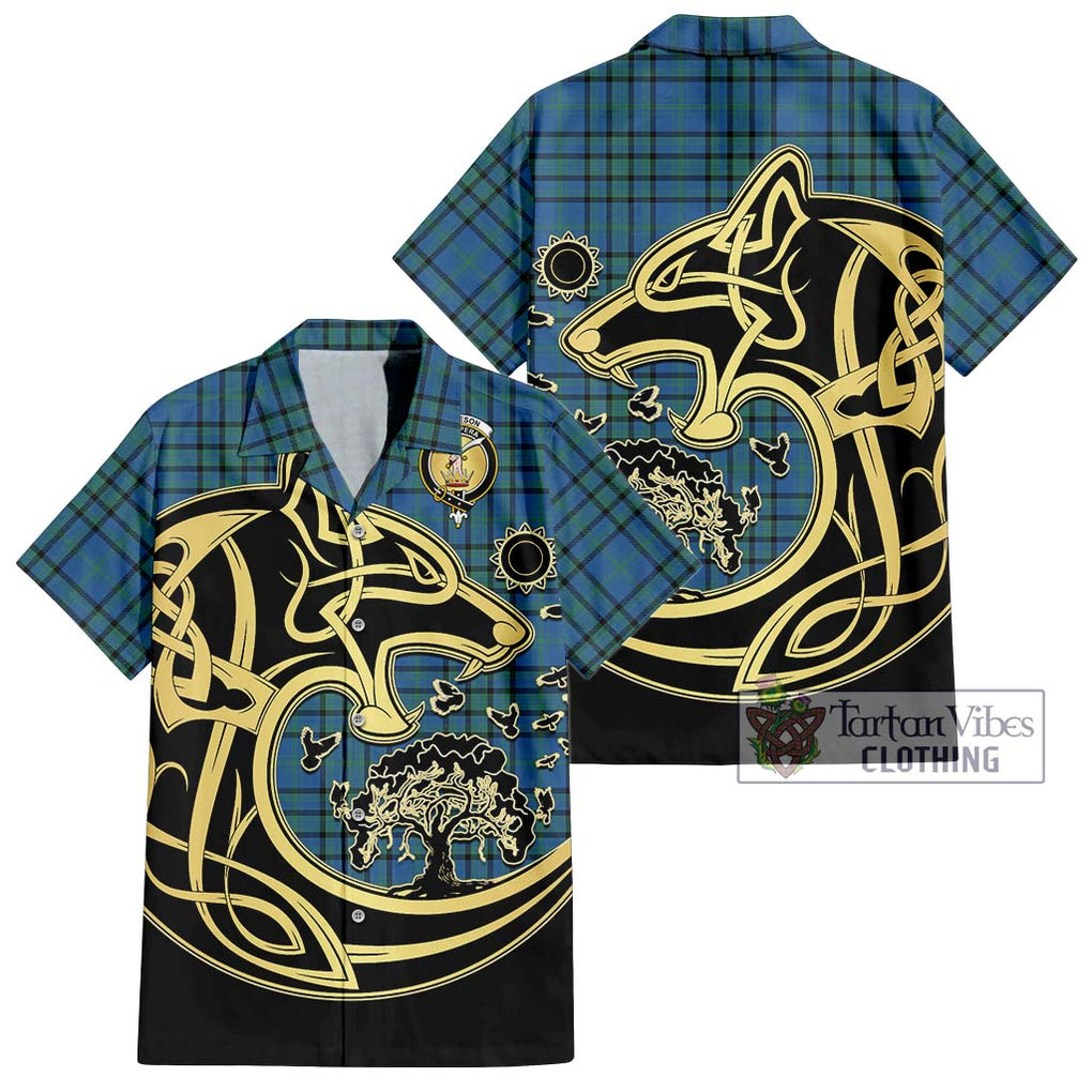 Matheson Hunting Ancient Tartan Short Sleeve Button Shirt with Family Crest Celtic Wolf Style Kid - Tartan Vibes Clothing