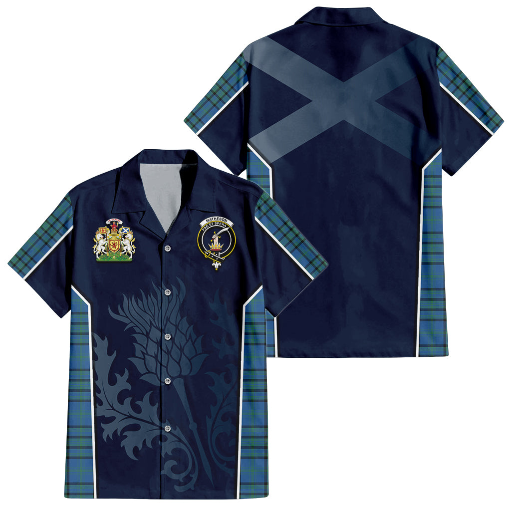 Tartan Vibes Clothing Matheson Hunting Ancient Tartan Short Sleeve Button Up Shirt with Family Crest and Scottish Thistle Vibes Sport Style