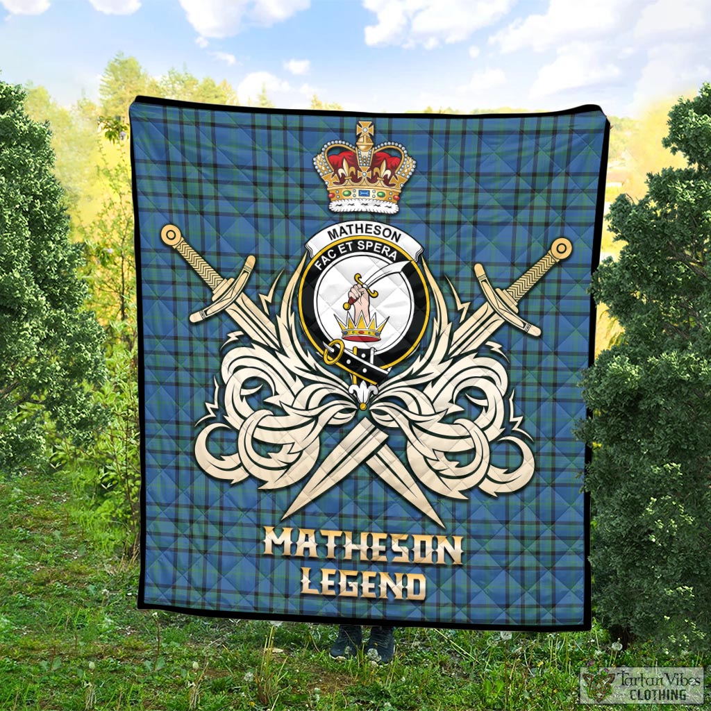 Tartan Vibes Clothing Matheson Hunting Ancient Tartan Quilt with Clan Crest and the Golden Sword of Courageous Legacy