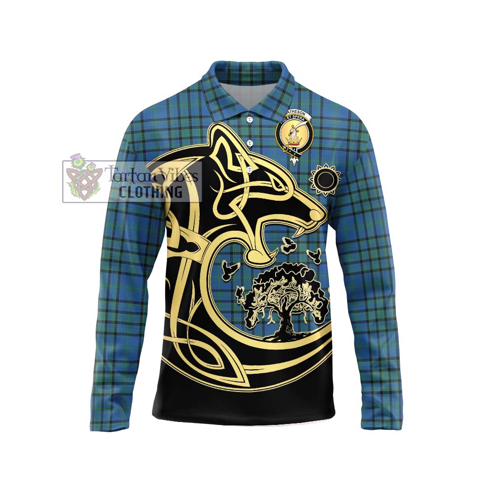 Matheson Hunting Ancient Tartan Long Sleeve Polo Shirt with Family Crest Celtic Wolf Style Unisex - Tartanvibesclothing Shop