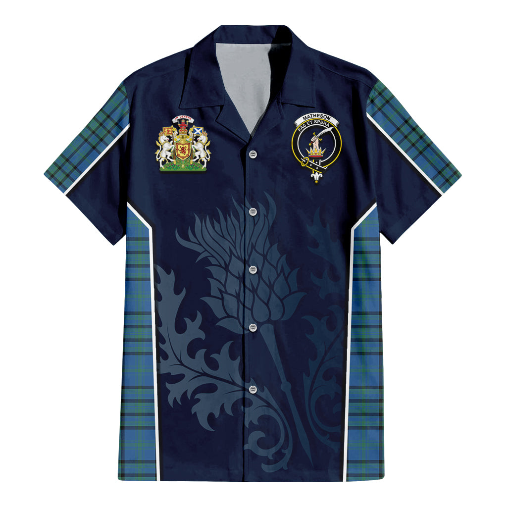 Tartan Vibes Clothing Matheson Hunting Ancient Tartan Short Sleeve Button Up Shirt with Family Crest and Scottish Thistle Vibes Sport Style