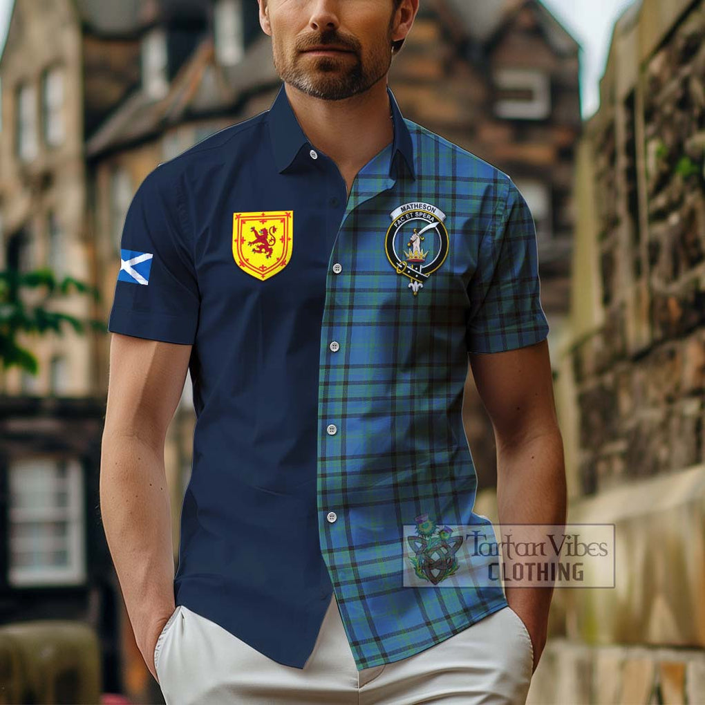 Tartan Vibes Clothing Matheson Hunting Ancient Tartan Short Sleeve Button Shirt with Scottish Lion Royal Arm Half Style