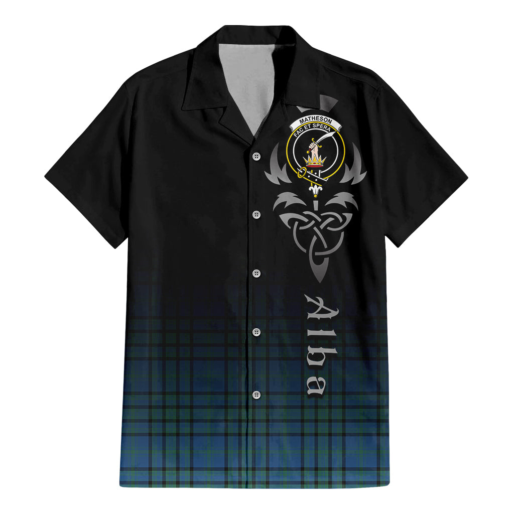 Tartan Vibes Clothing Matheson Hunting Ancient Tartan Short Sleeve Button Up Featuring Alba Gu Brath Family Crest Celtic Inspired