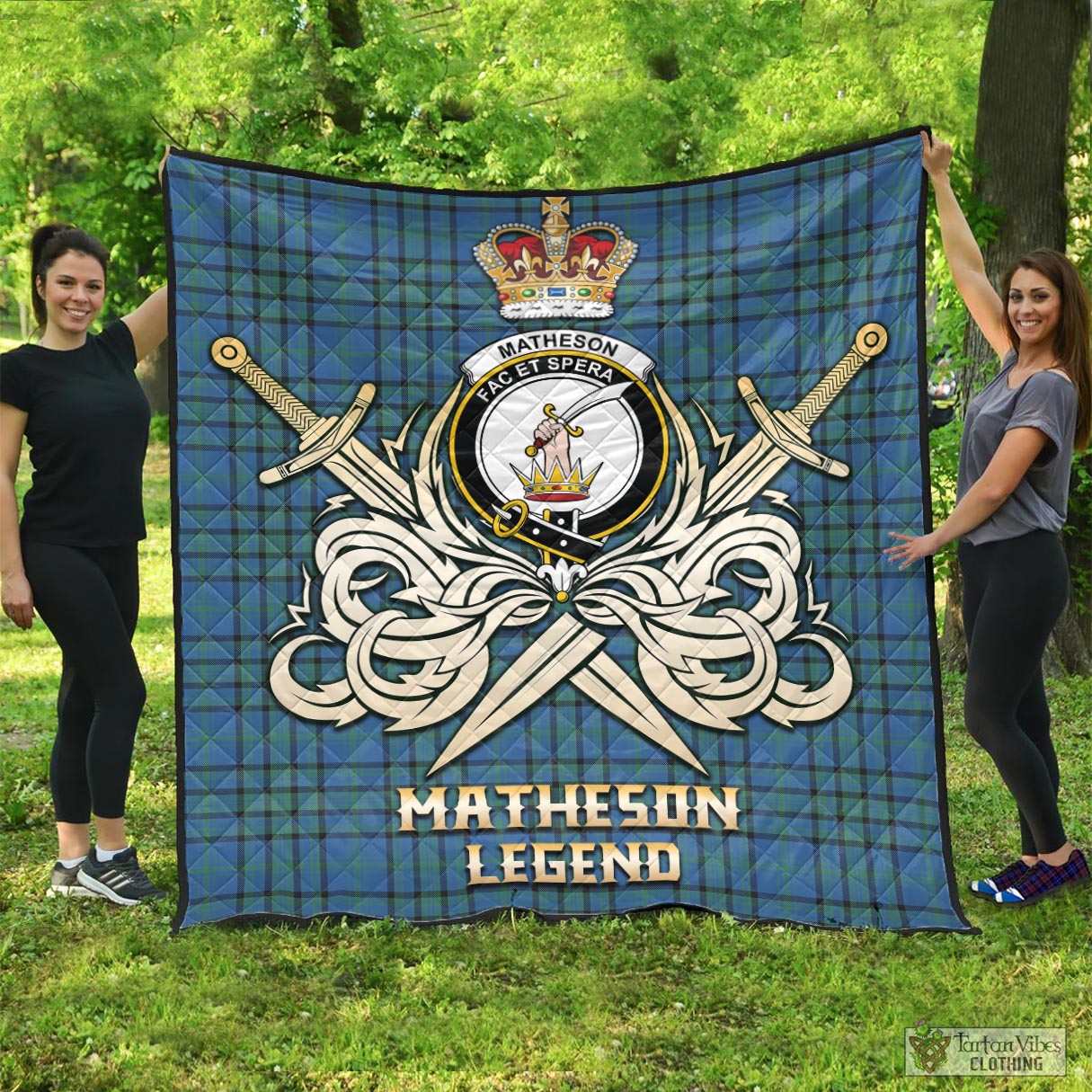 Tartan Vibes Clothing Matheson Hunting Ancient Tartan Quilt with Clan Crest and the Golden Sword of Courageous Legacy