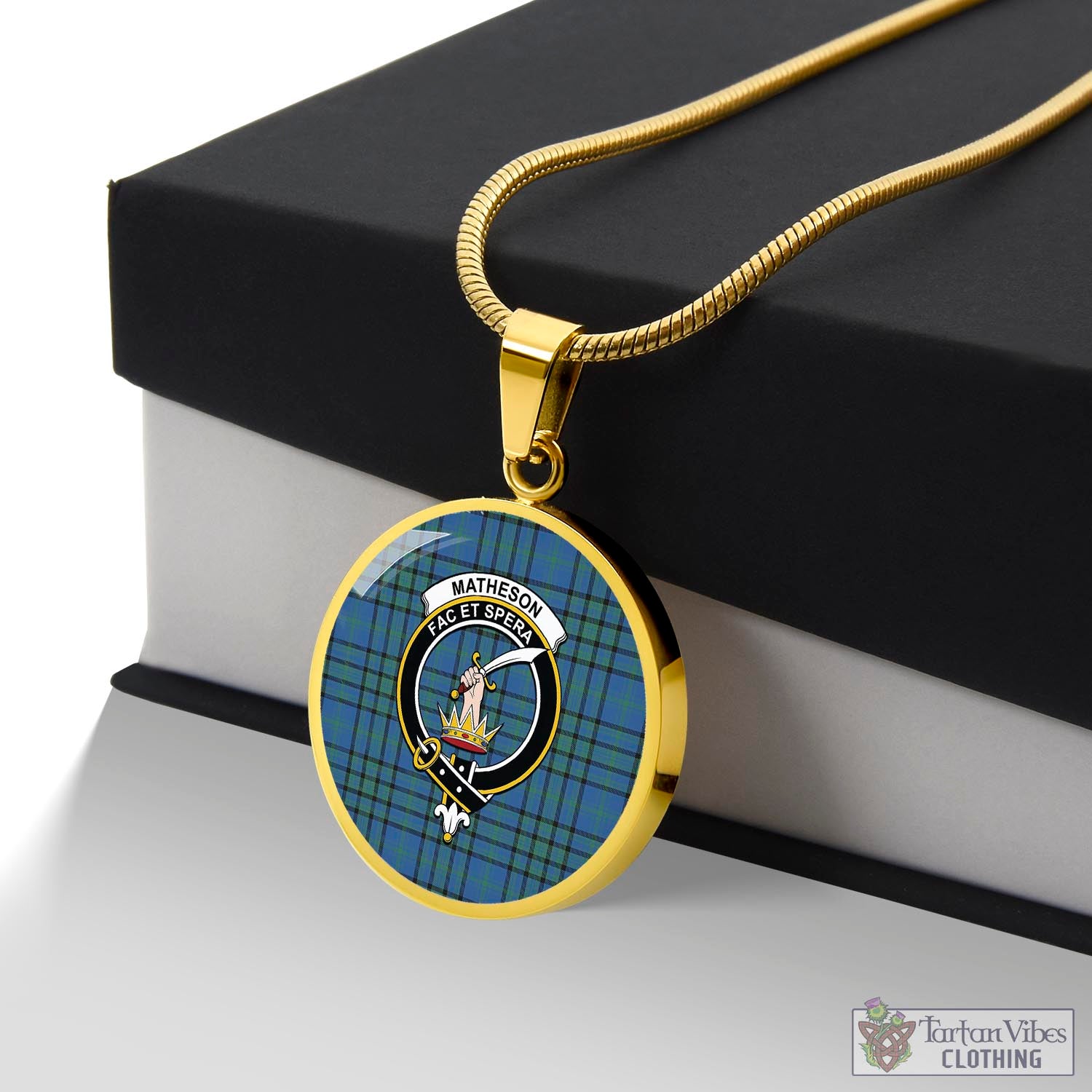 Tartan Vibes Clothing Matheson Hunting Ancient Tartan Circle Necklace with Family Crest