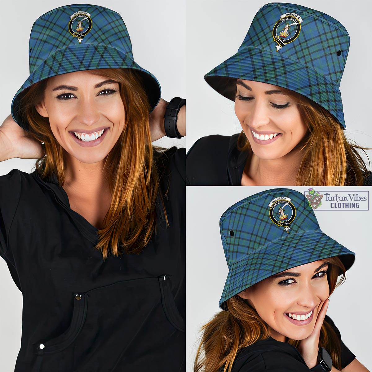 Tartan Vibes Clothing Matheson Hunting Ancient Tartan Bucket Hat with Family Crest