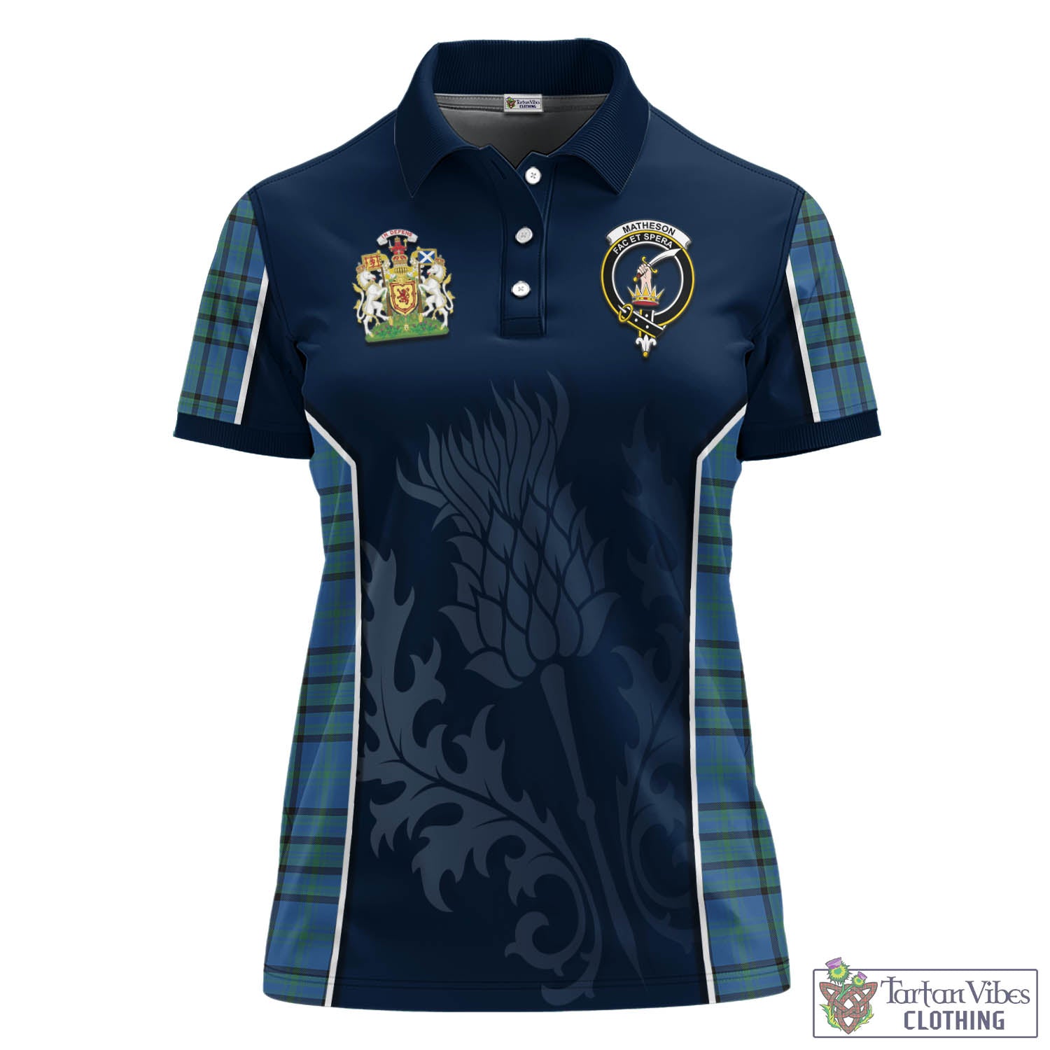 Tartan Vibes Clothing Matheson Hunting Ancient Tartan Women's Polo Shirt with Family Crest and Scottish Thistle Vibes Sport Style