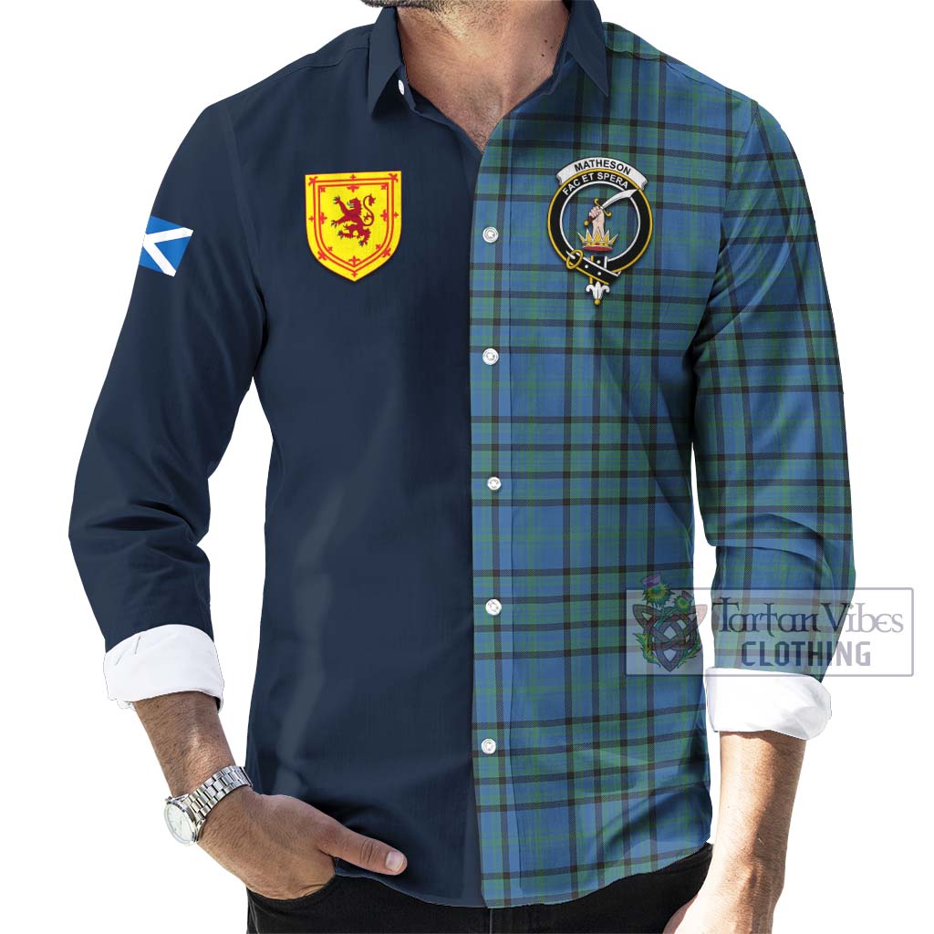 Tartan Vibes Clothing Matheson Hunting Ancient Tartan Long Sleeve Button Shirt with Scottish Lion Royal Arm Half Style