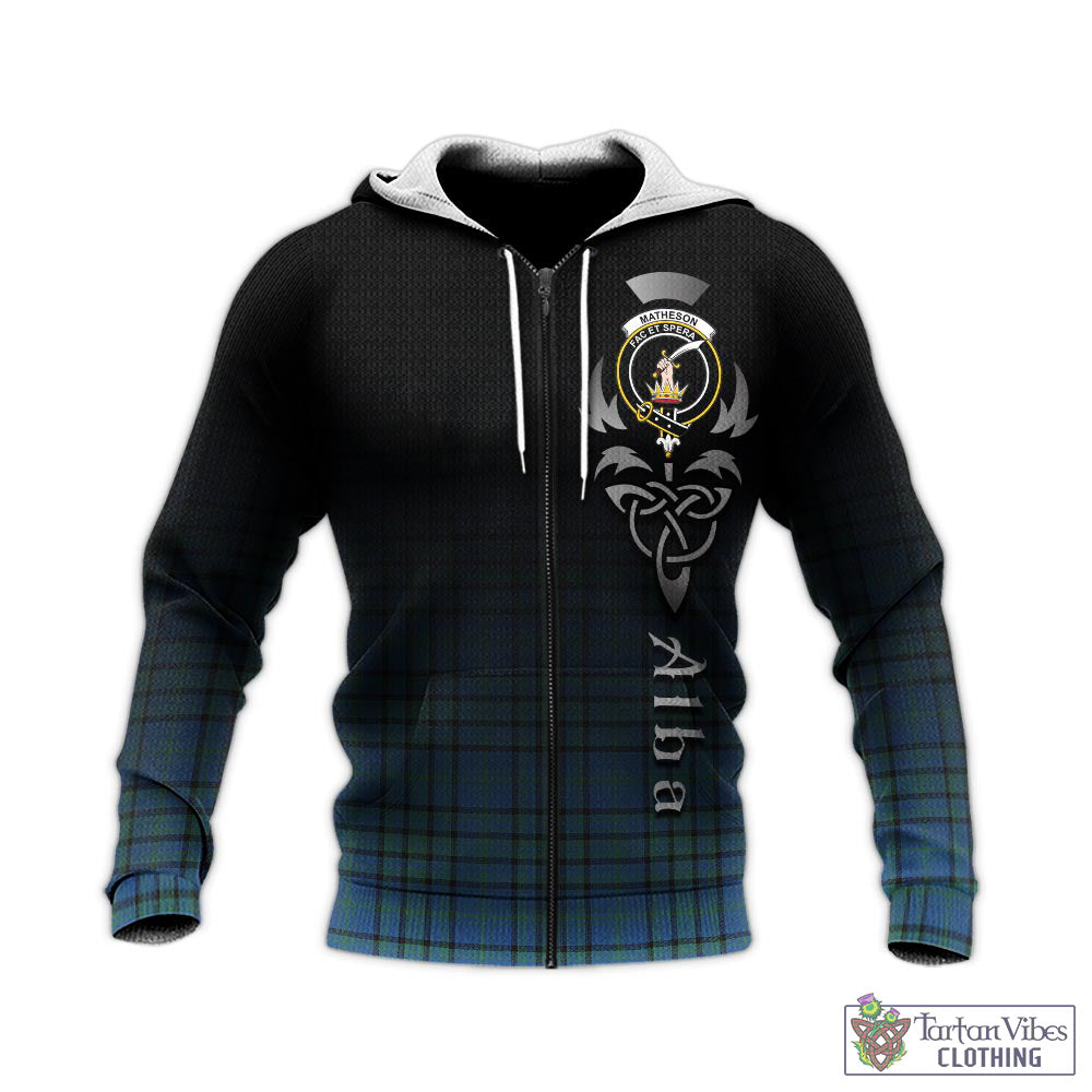 Tartan Vibes Clothing Matheson Hunting Ancient Tartan Knitted Hoodie Featuring Alba Gu Brath Family Crest Celtic Inspired