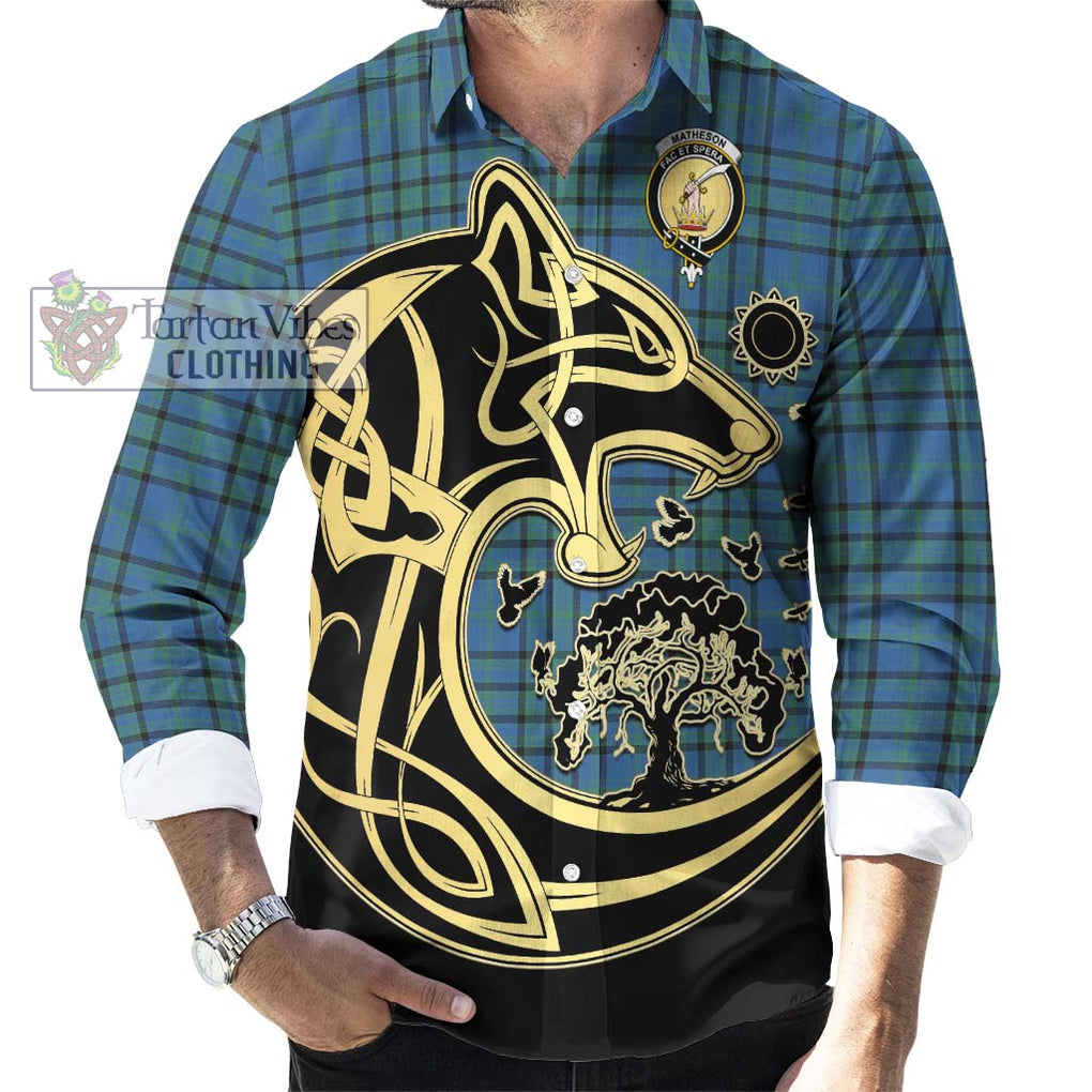 Matheson Hunting Ancient Tartan Long Sleeve Button Shirt with Family Crest Celtic Wolf Style - Tartan Vibes Clothing