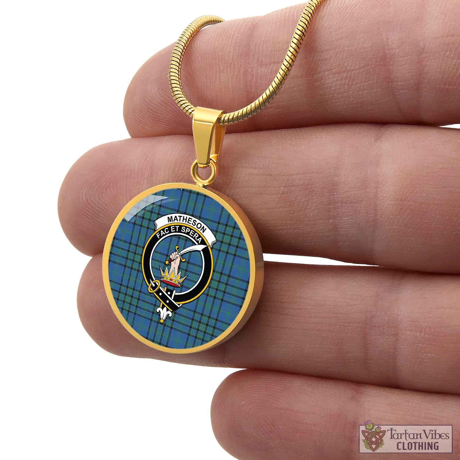 Tartan Vibes Clothing Matheson Hunting Ancient Tartan Circle Necklace with Family Crest