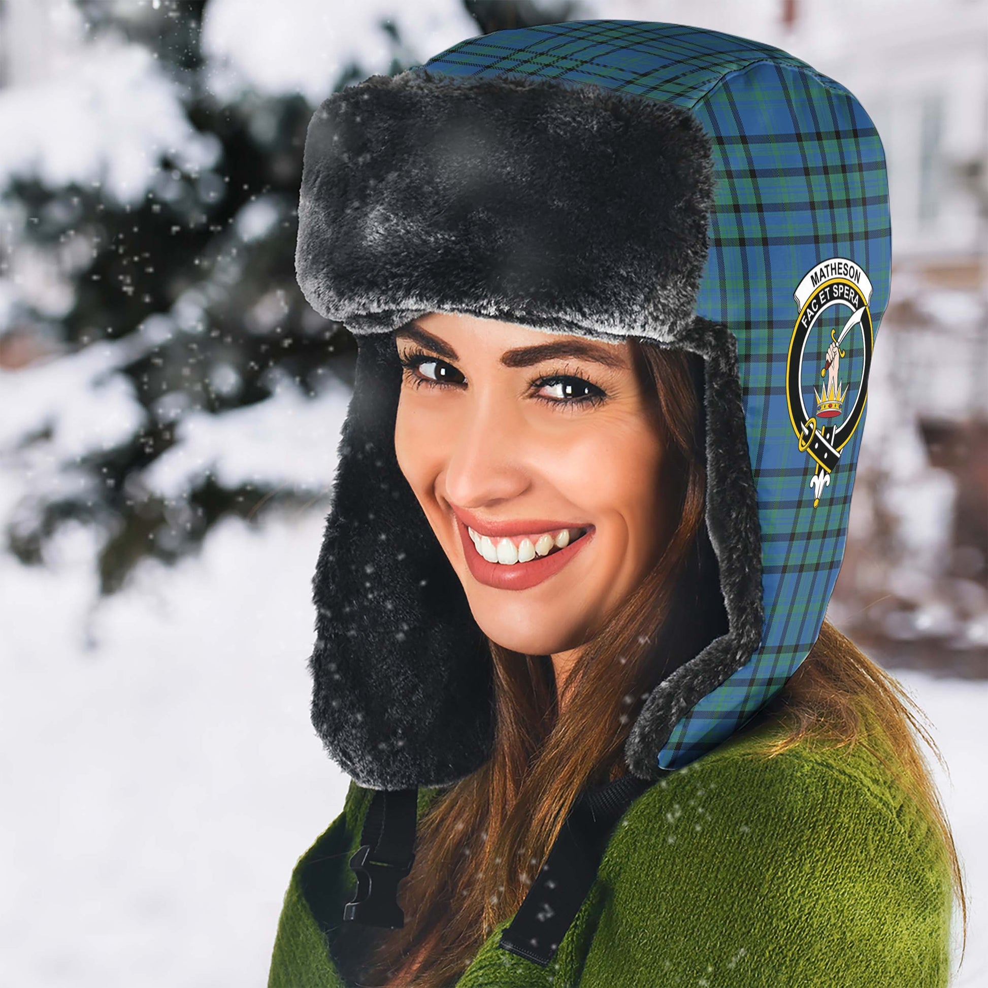 Matheson Hunting Ancient Tartan Winter Trapper Hat with Family Crest - Tartanvibesclothing