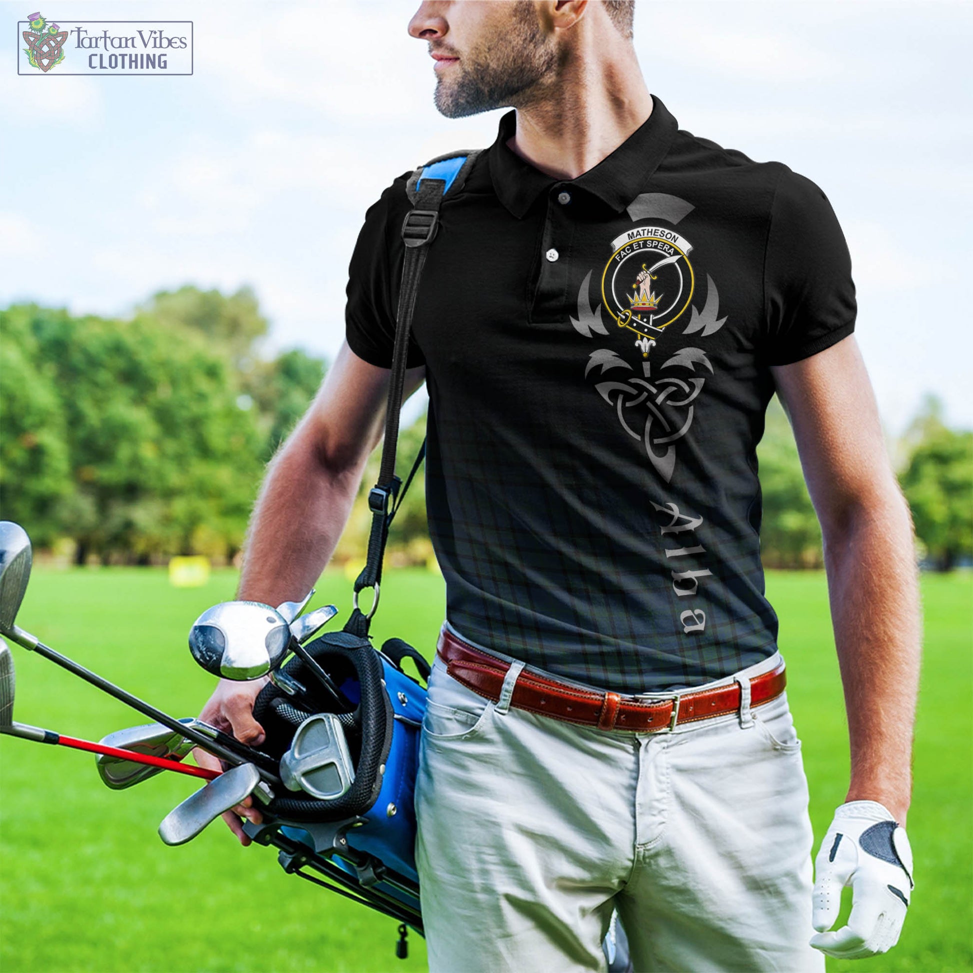 Tartan Vibes Clothing Matheson Hunting Ancient Tartan Polo Shirt Featuring Alba Gu Brath Family Crest Celtic Inspired