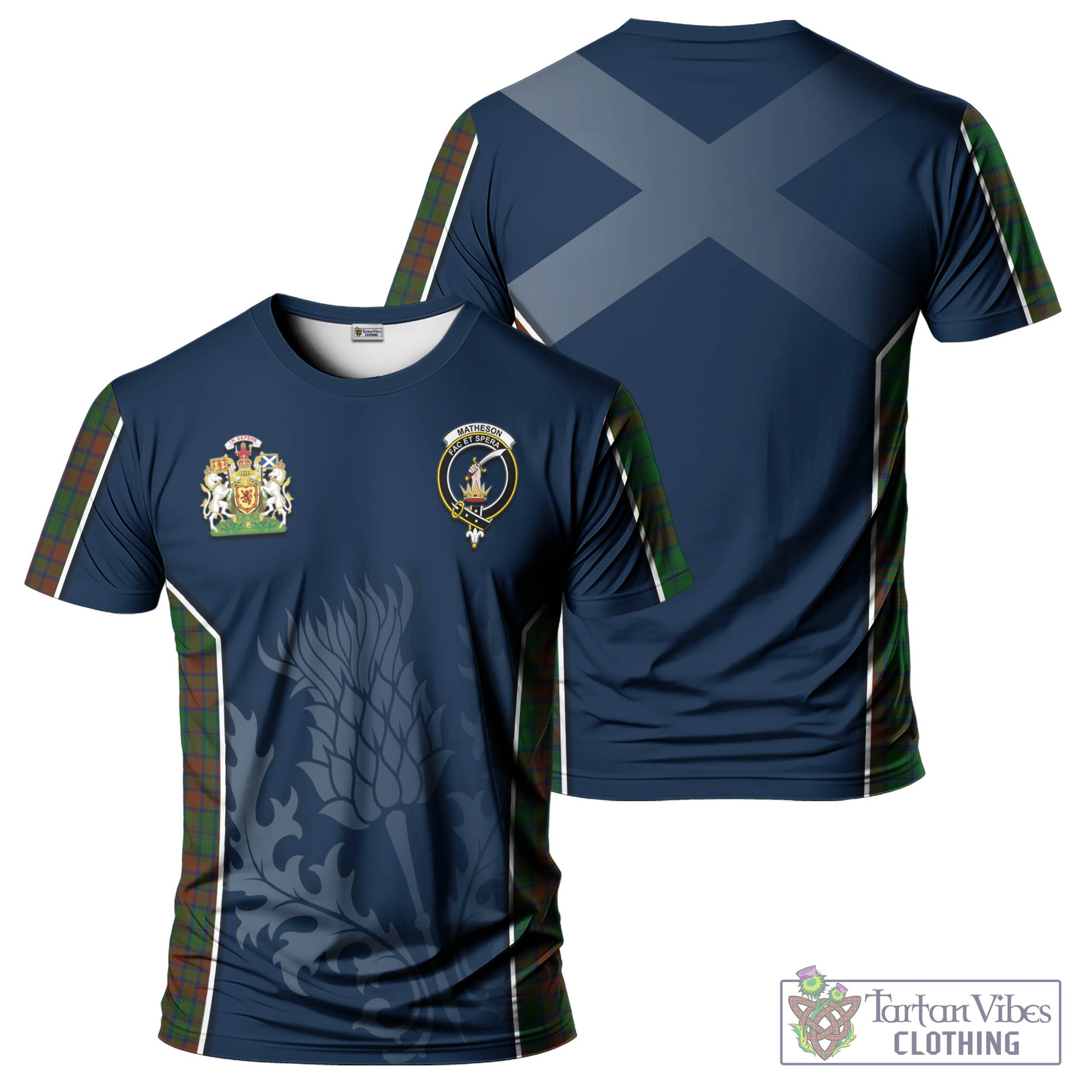 Tartan Vibes Clothing Matheson Hunting Highland Tartan T-Shirt with Family Crest and Scottish Thistle Vibes Sport Style