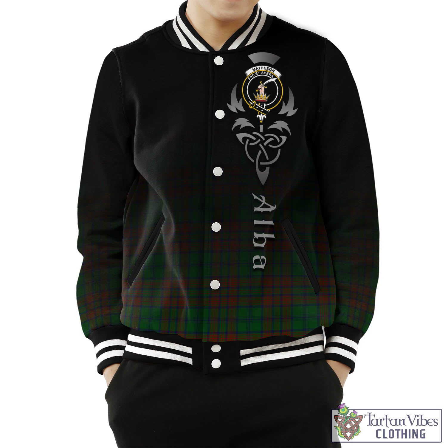 Tartan Vibes Clothing Matheson Hunting Highland Tartan Baseball Jacket Featuring Alba Gu Brath Family Crest Celtic Inspired