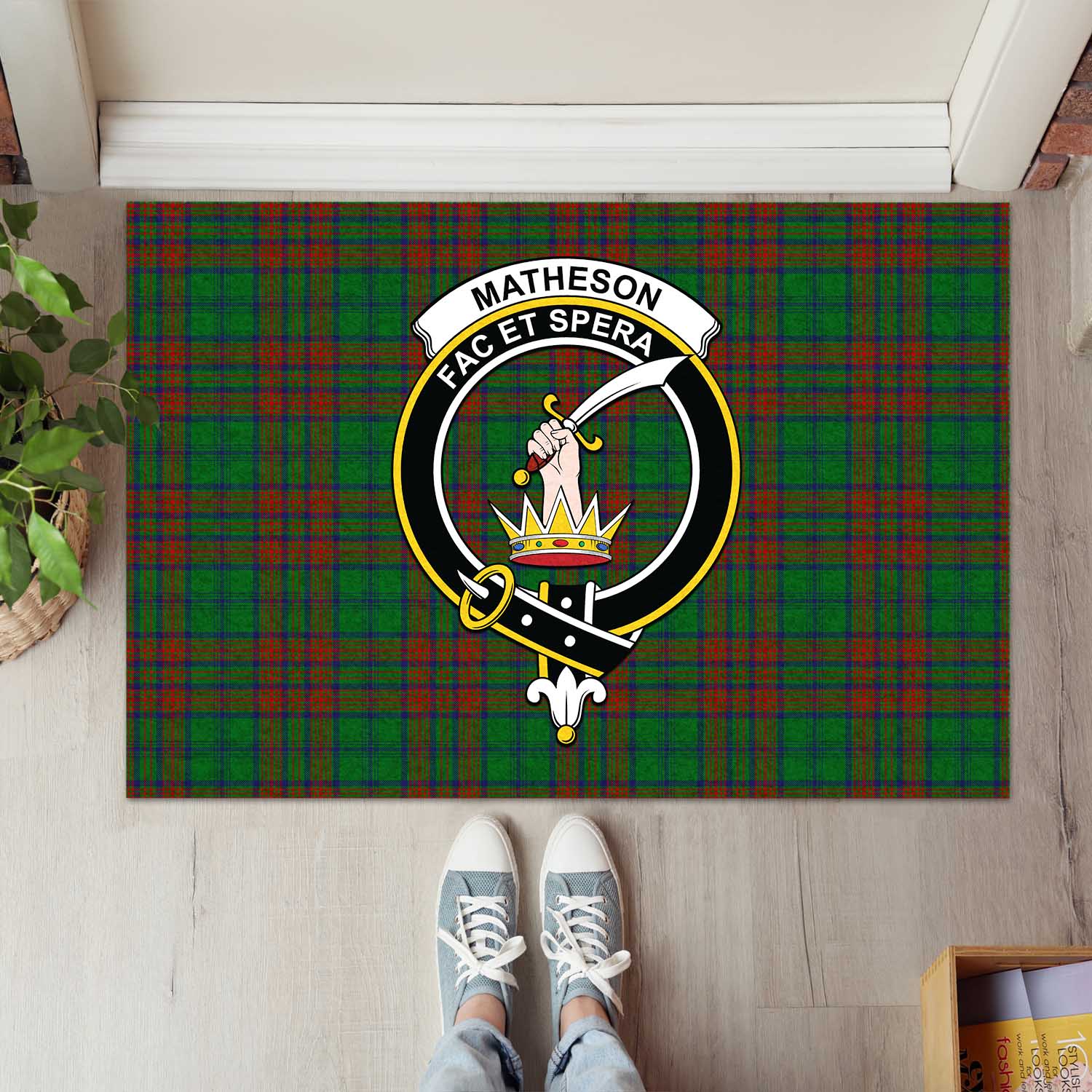 Matheson Hunting Highland Tartan Door Mat with Family Crest - Tartanvibesclothing