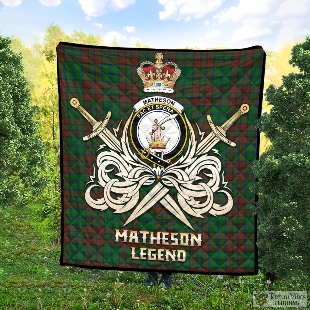 Tartan Vibes Clothing Matheson Hunting Highland Tartan Quilt with Clan Crest and the Golden Sword of Courageous Legacy