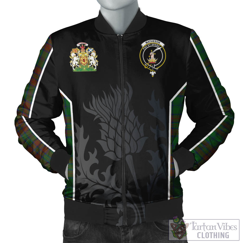 Tartan Vibes Clothing Matheson Hunting Highland Tartan Bomber Jacket with Family Crest and Scottish Thistle Vibes Sport Style