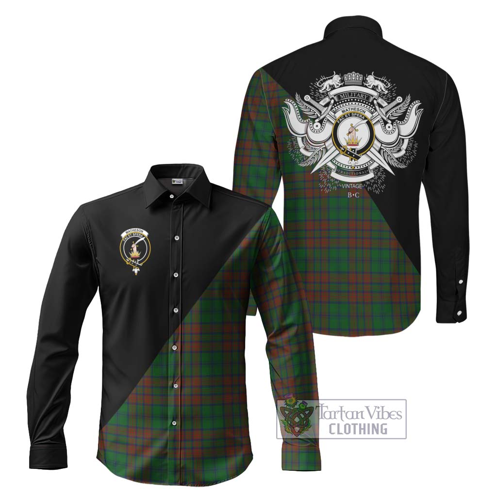 Tartan Vibes Clothing Matheson Hunting Highland Tartan Long Sleeve Button Shirt with Family Crest and Military Logo Style