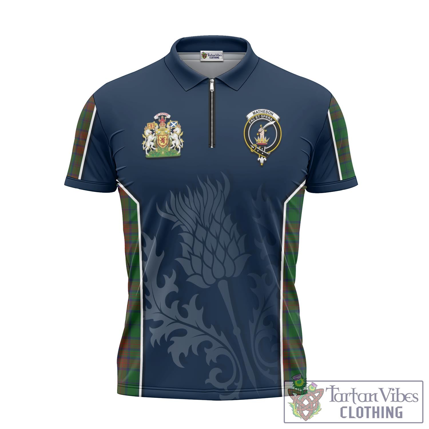 Tartan Vibes Clothing Matheson Hunting Highland Tartan Zipper Polo Shirt with Family Crest and Scottish Thistle Vibes Sport Style