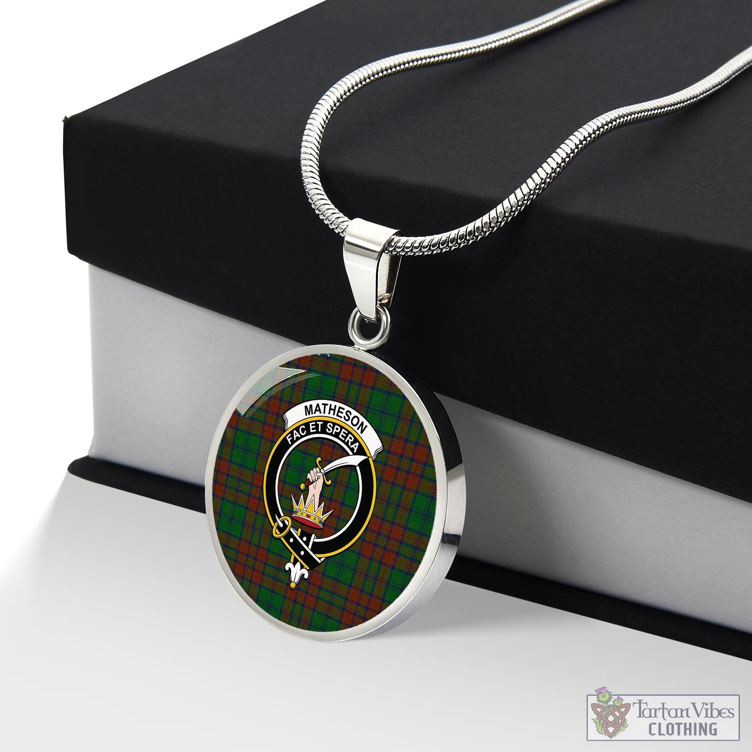 Tartan Vibes Clothing Matheson Hunting Highland Tartan Circle Necklace with Family Crest