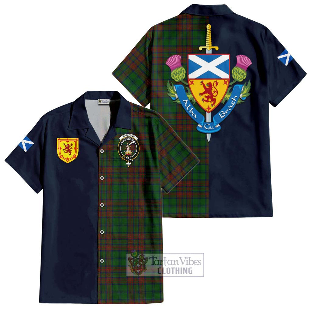 Tartan Vibes Clothing Matheson Hunting Highland Tartan Short Sleeve Button Shirt with Scottish Lion Royal Arm Half Style