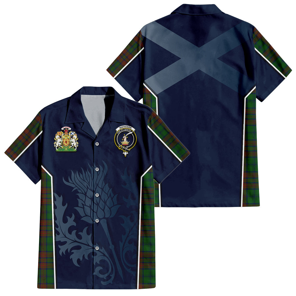 Tartan Vibes Clothing Matheson Hunting Highland Tartan Short Sleeve Button Up Shirt with Family Crest and Scottish Thistle Vibes Sport Style