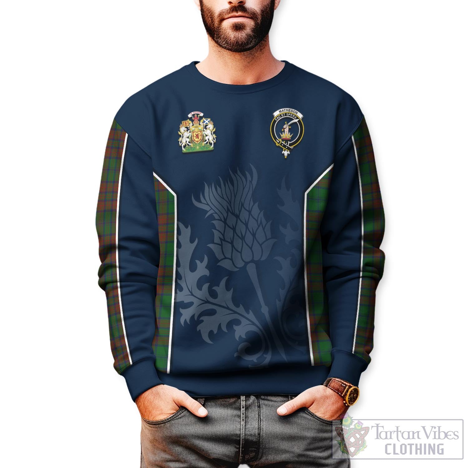 Tartan Vibes Clothing Matheson Hunting Highland Tartan Sweatshirt with Family Crest and Scottish Thistle Vibes Sport Style