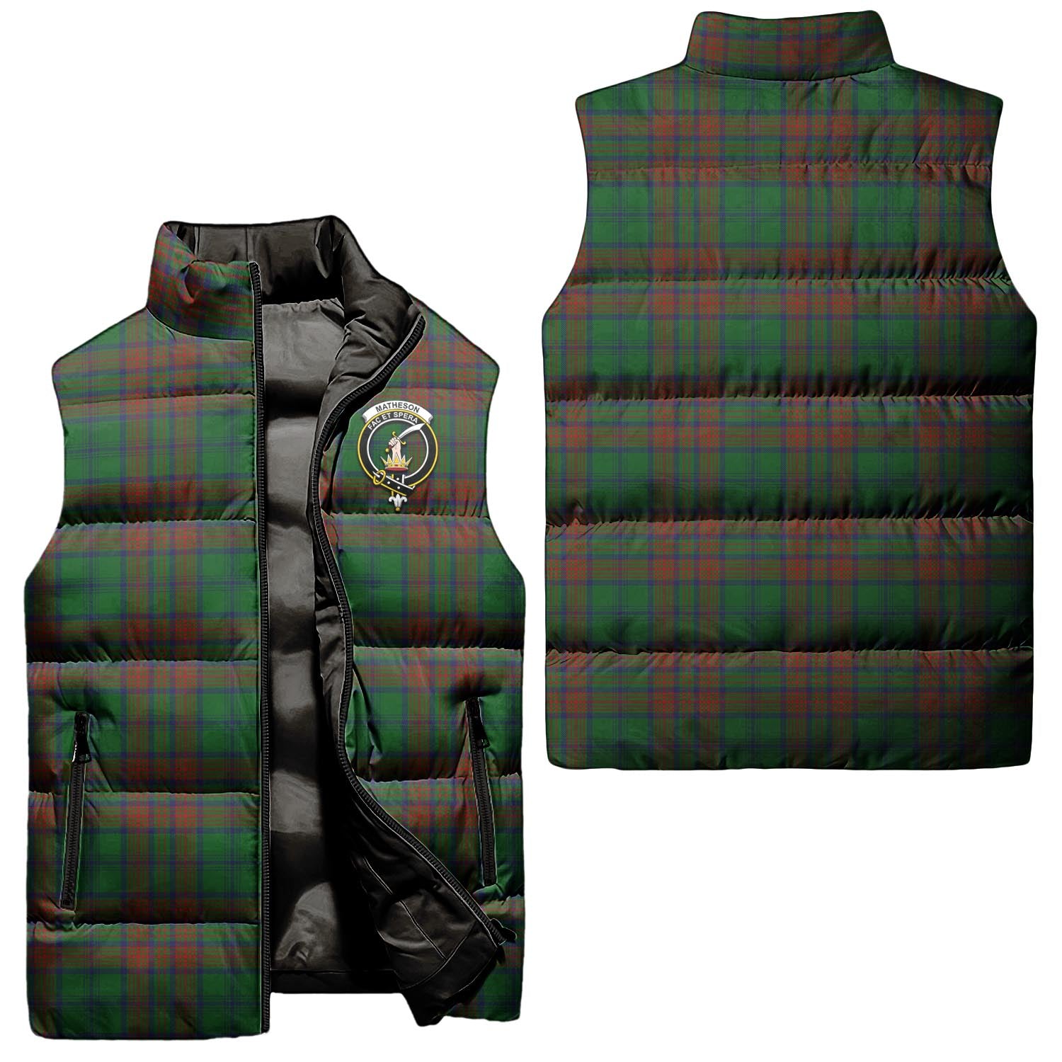 Matheson Hunting Highland Tartan Sleeveless Puffer Jacket with Family Crest Unisex - Tartanvibesclothing