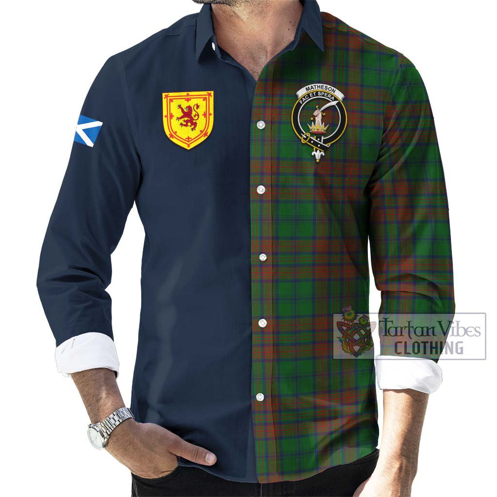 Tartan Vibes Clothing Matheson Hunting Highland Tartan Long Sleeve Button Shirt with Scottish Lion Royal Arm Half Style